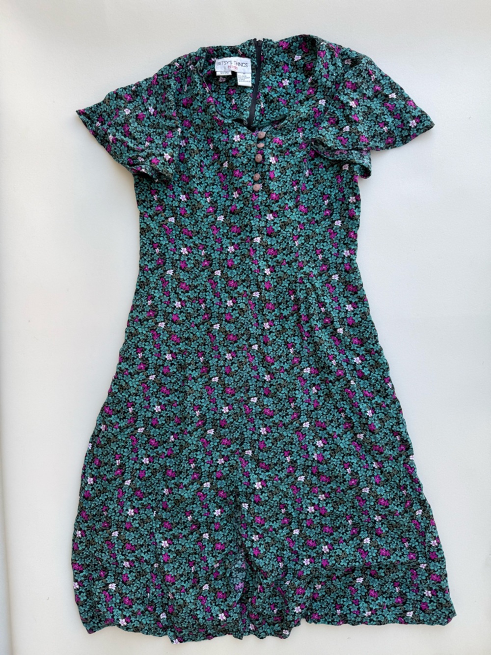 Vintage Betsy’s Things Green Floral Midi Dress Size 4 Tie Back Button Front 90s